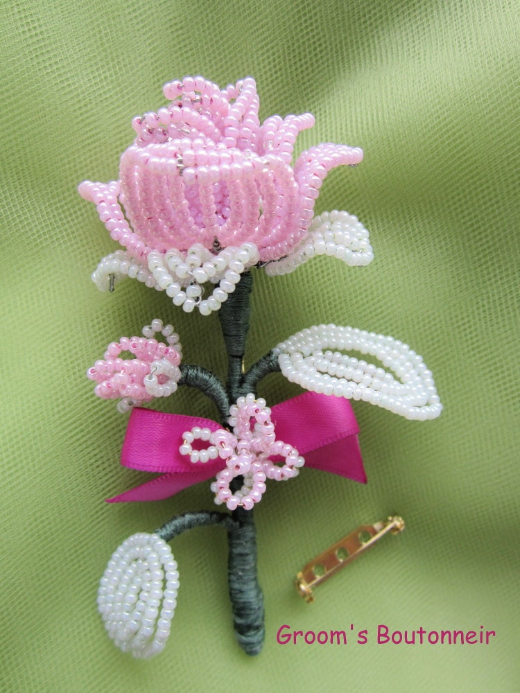 Princess Collection: GROOM'S BOUTONNEIRE - French Beaded Rose and Bud