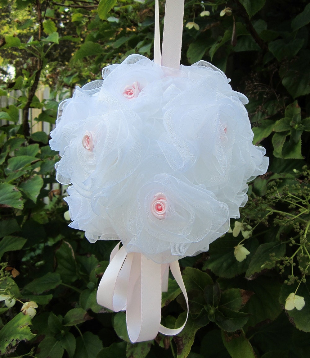 Princess Collection- POMANDER - KISSING BALL - White Organza Flowers with pink satin centres