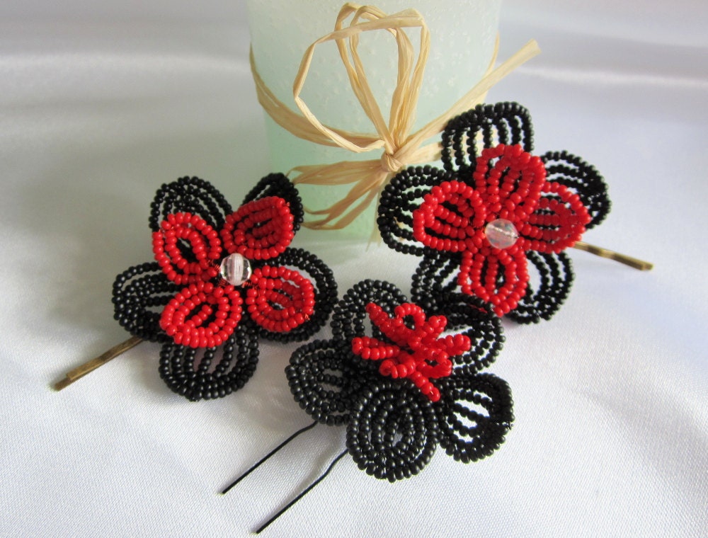 French Beaded DOUBLE Flower Hair Pins- Black and red with rhinestone centre, for the Bride, Bridesmaids, Flower Girl, Special Occasion