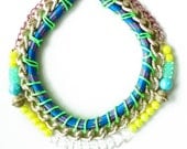 NeonSpine, neon necklace, bib necklace, tribal rope chunky chains and beads, mermaid style,  statement necklace OOAK