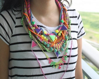 Superduper statement necklace, neon crystal rope necklace, unique chunky OOAK jewelry.