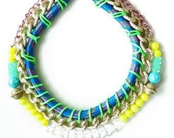 NeonSpine, neon necklace, bib necklace, tribal rope chunky chains and beads, mermaid style,  statement necklace OOAK