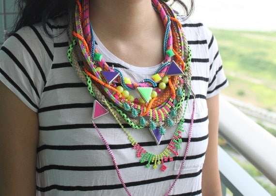 Superduper statement necklace, neon crystal rope necklace, unique chunky OOAK jewelry.