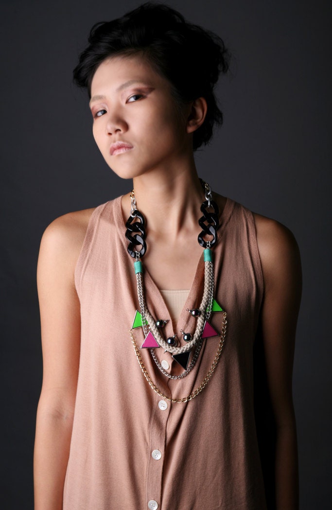 Walukar, neon tribal necklace with rope, triangles and layering chains- NEON TOXICS SS2012