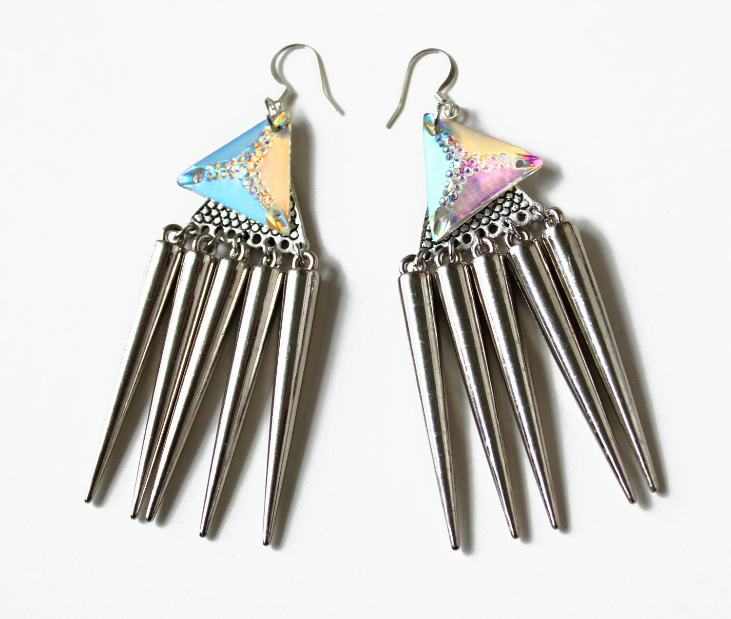 RainbowClaws, triangle earrings, long spikes earrings, bold geometric punk statement jewelry