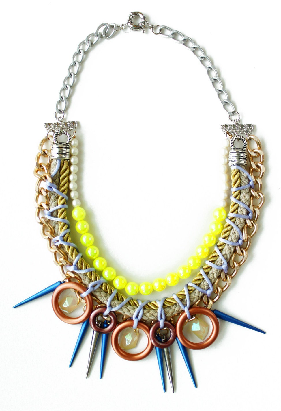 Glowstick, bib necklace, rope necklace, studs spikes and vintage beads, neon yellow summer mermaid style, chunky  statement necklace