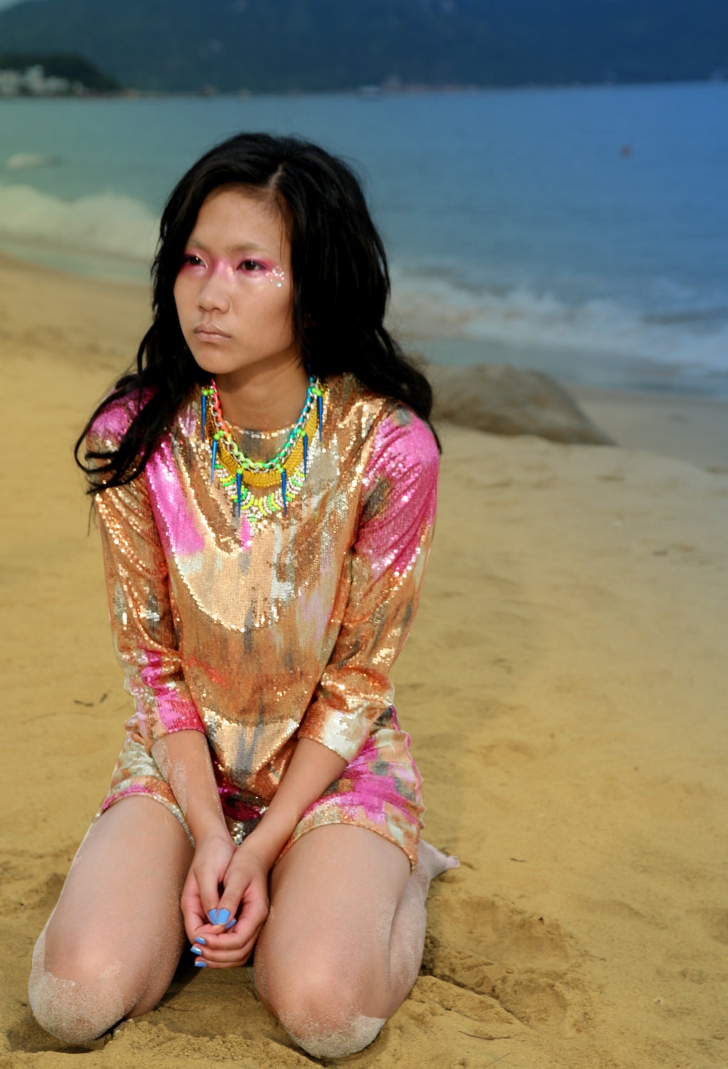 TheSpell, neon statement necklace, chunky rhinestones and spikes, OOAK collar bib necklace, mermaid style, rainbow