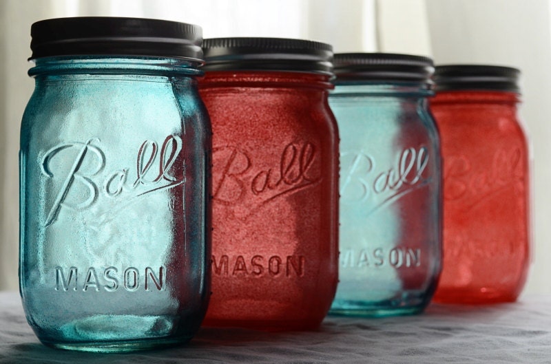 Stained Mason Jars in Coral & Blue, Set of 4