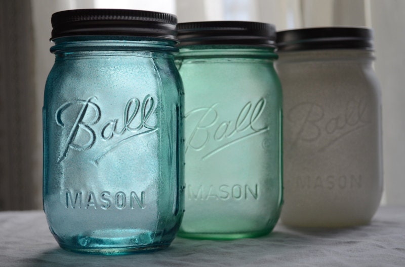 Stained Mason Jars In Ocean Colors - Light Blue, Seafoam Green, Misty White