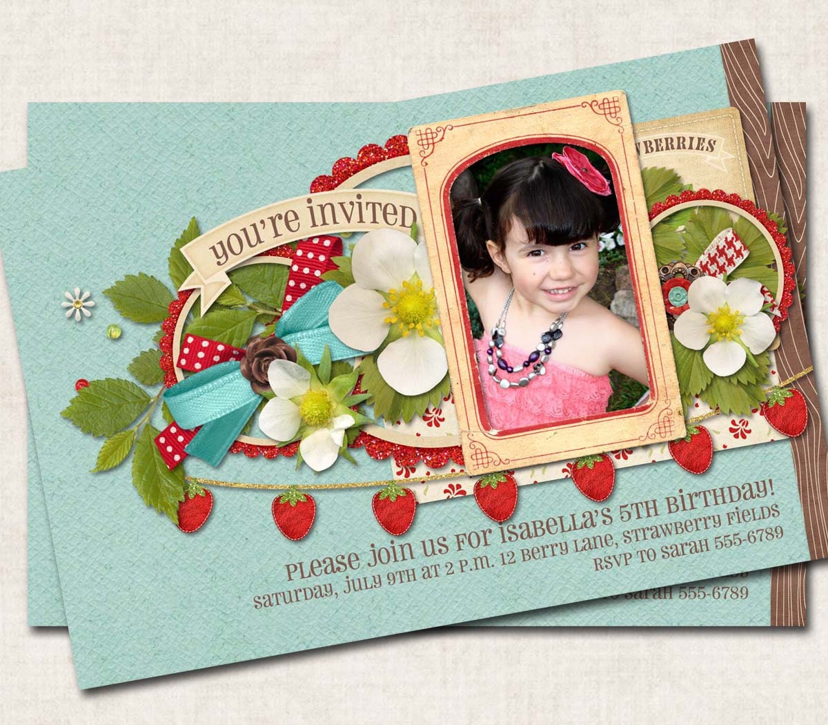 Strawberry Birthday Party Invitation, blue red, picnic, digital file, you-print