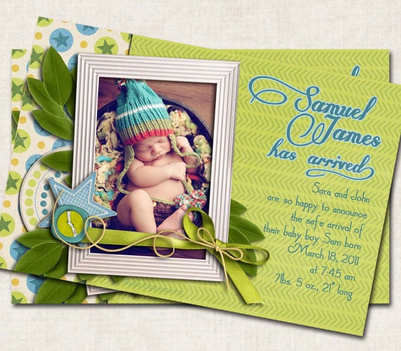 Baby Boy Announcement Shower Thank You, blue green yellow stars, (DIGITAL FILE)