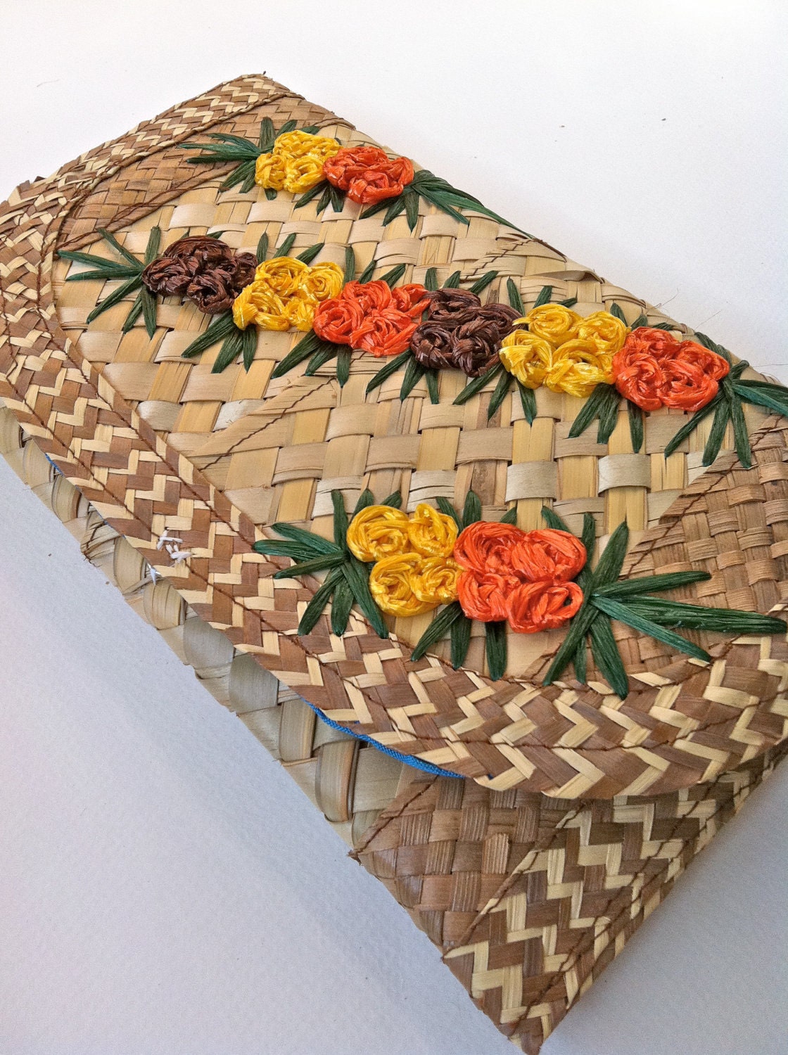 Vintage Handmade Floral Straw Clutch
