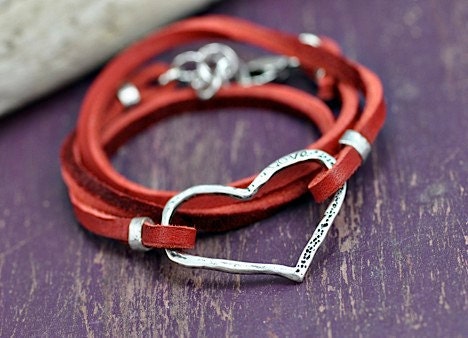 Heart Bracelet - Boho Wrap Big Heart Bracelet - Heart Jewelry - Romantic Bracelet - Cowgirl Jewelry-Leather Bracelet