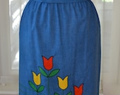 Vintage Blue Chambray Tulip Midi Length Skirt / Size Large / 1970s Skirt