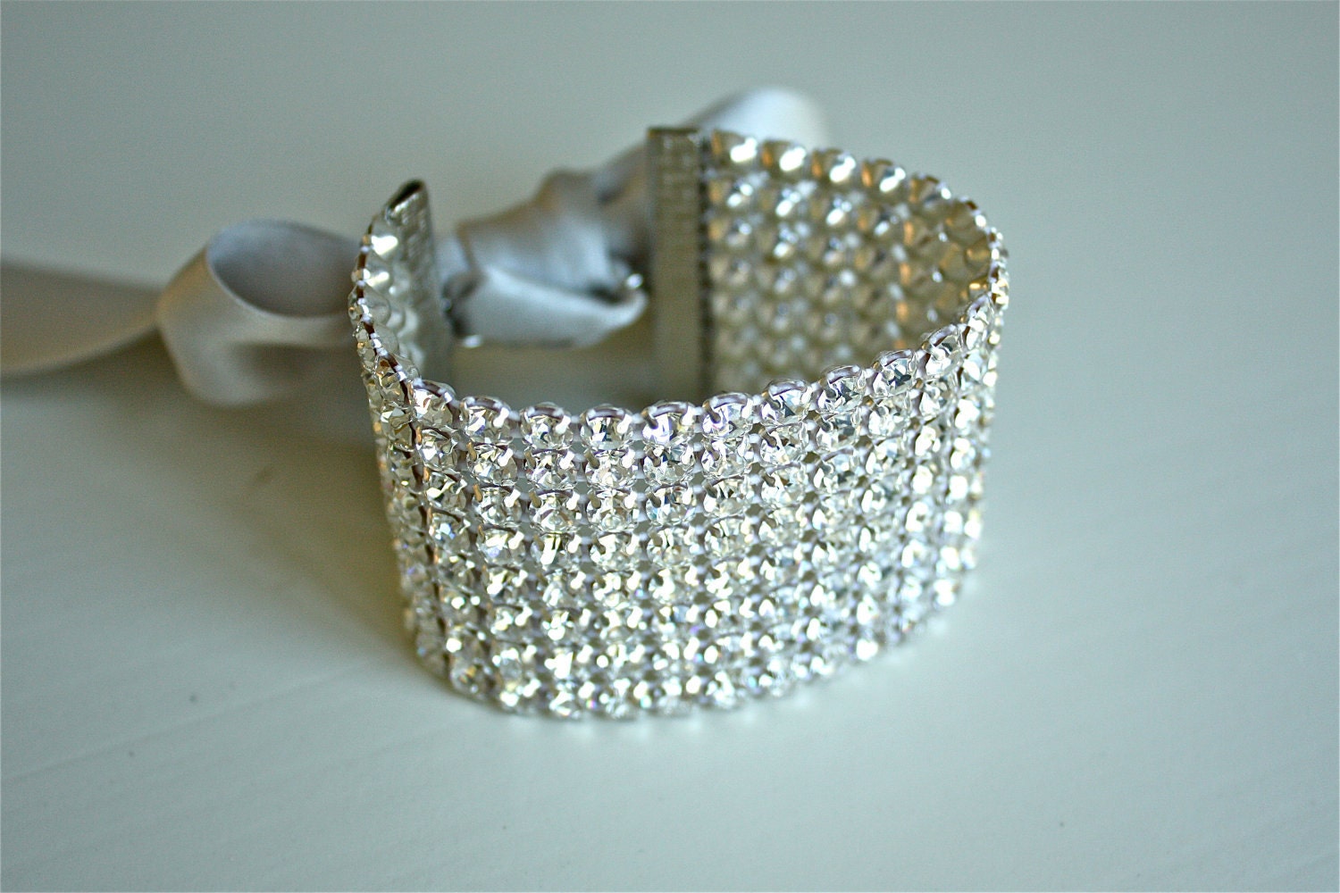Bridesmaids Rhinestone Cuff Bracelet w/ Silk Ribbon Tie (1 1/2" Wide) Bridesmaid Gift