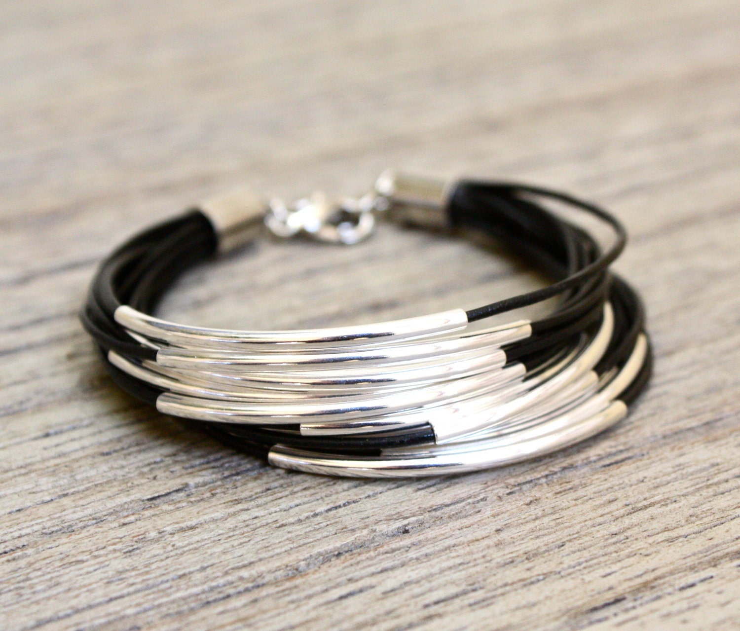 Leather Bracelet with Gold or Silver Tube Accents (14 bangles)