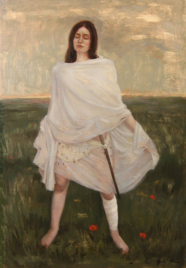 ON SALE. The Morning Messenger. Original figurative oil painting, framed 19.7 x 13.6 inches, Free Shipping