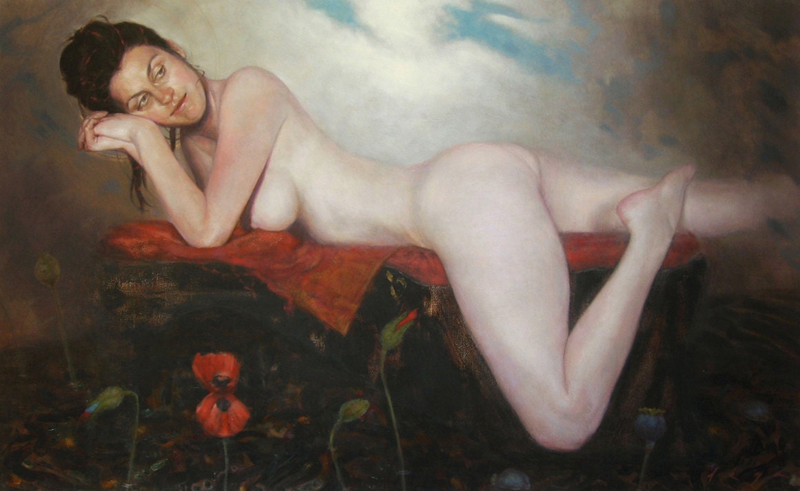 RESERVED-Undine. Original nude oil figurative painting - 26.8 x 43.3 inches, Free shipping.