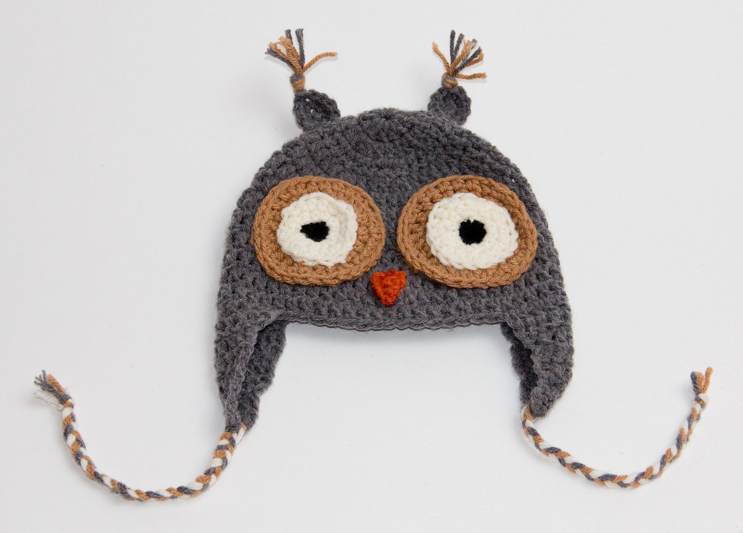 PRICE DROP-Grey owl crochet ear flap hat