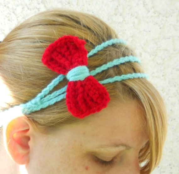 Three strand aqua and red bow tie crochet headband
