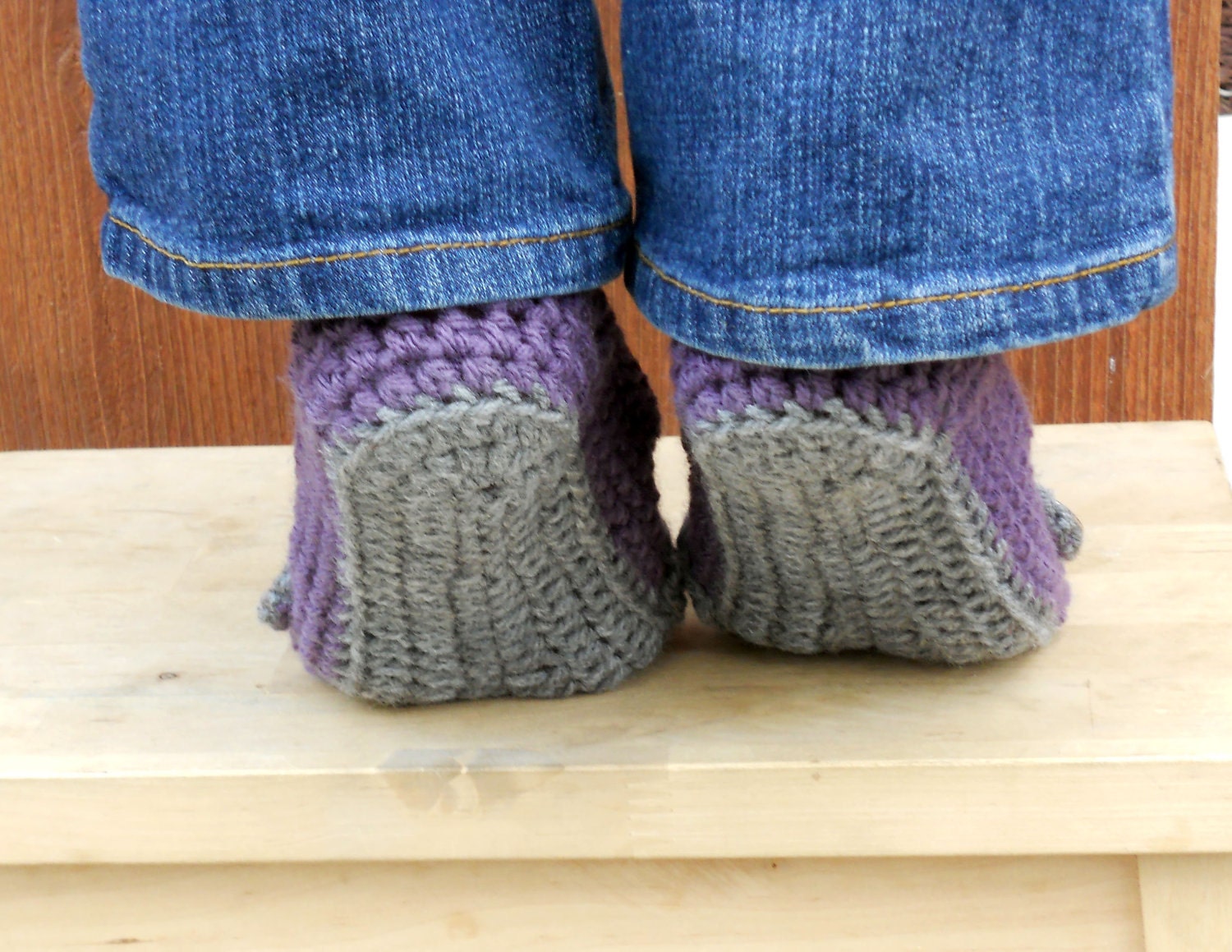 Stormy weather crocheted slippers, booties, shoes, socks with a button strap.