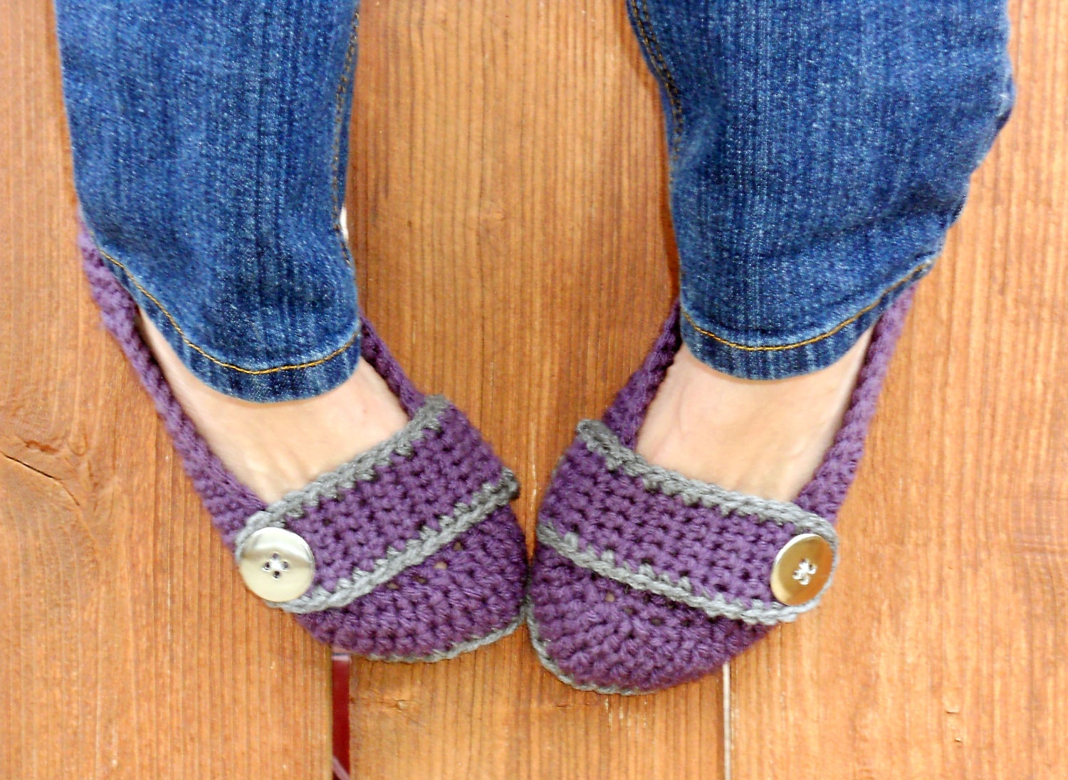 Stormy weather crocheted slippers, booties, shoes, socks with a button strap.