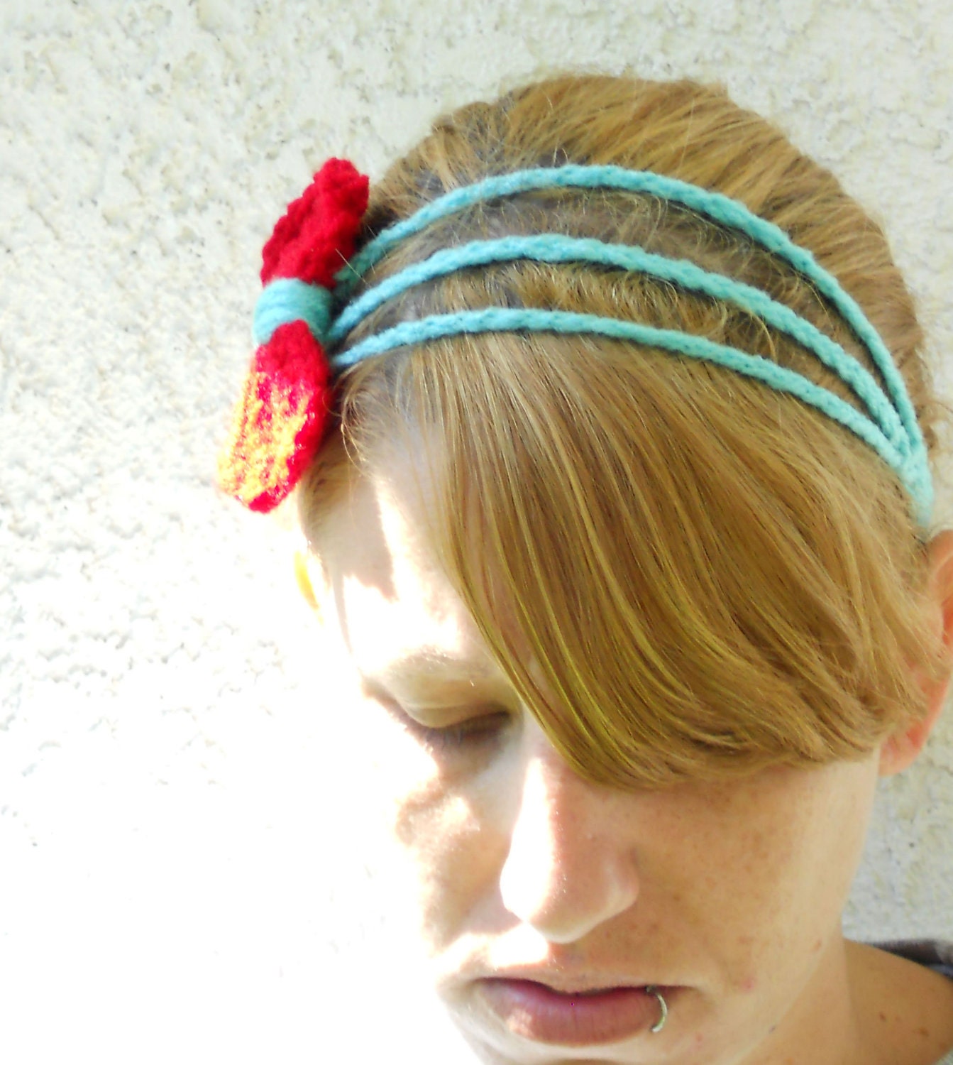 Three strand aqua and red bow tie crochet headband