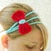 Three strand aqua and red bow tie crochet headband