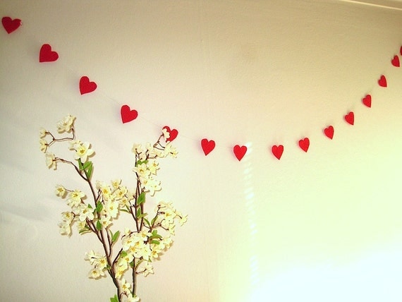 Christmas garland made of red recycled eco felt hearts (5.5ft)