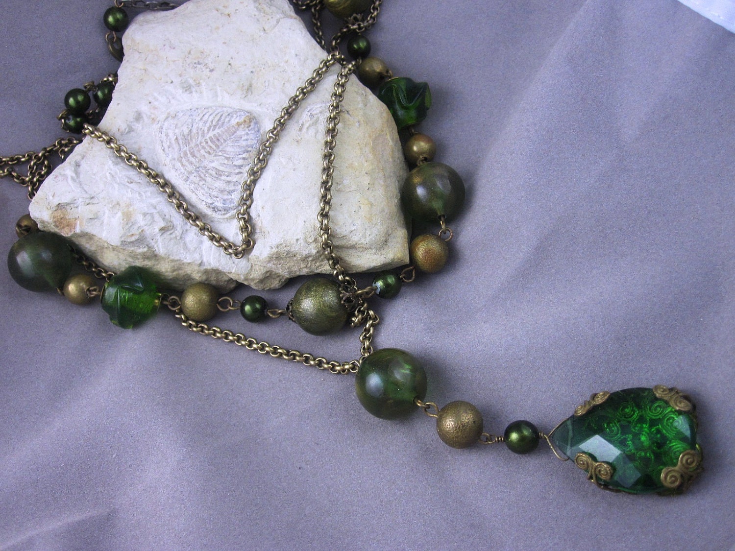 Vintage Necklace Three Strand Green Beads Glass Pendant Beautiful