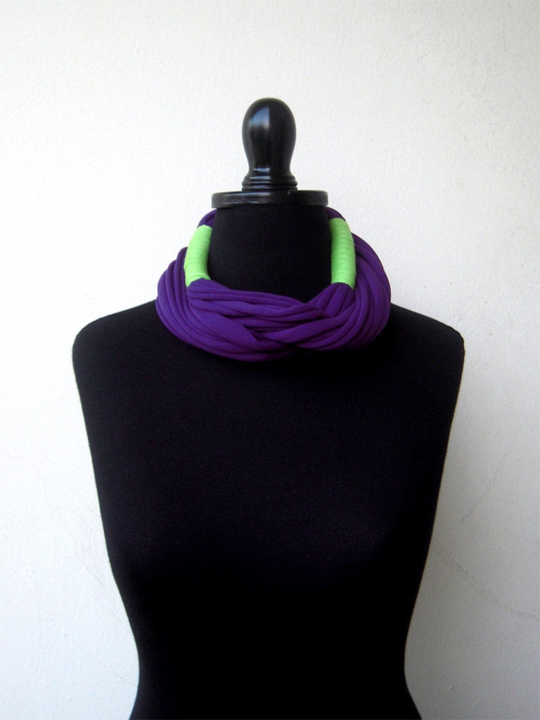 The tribal necklace - handmade in purple and lime green jersey fabric