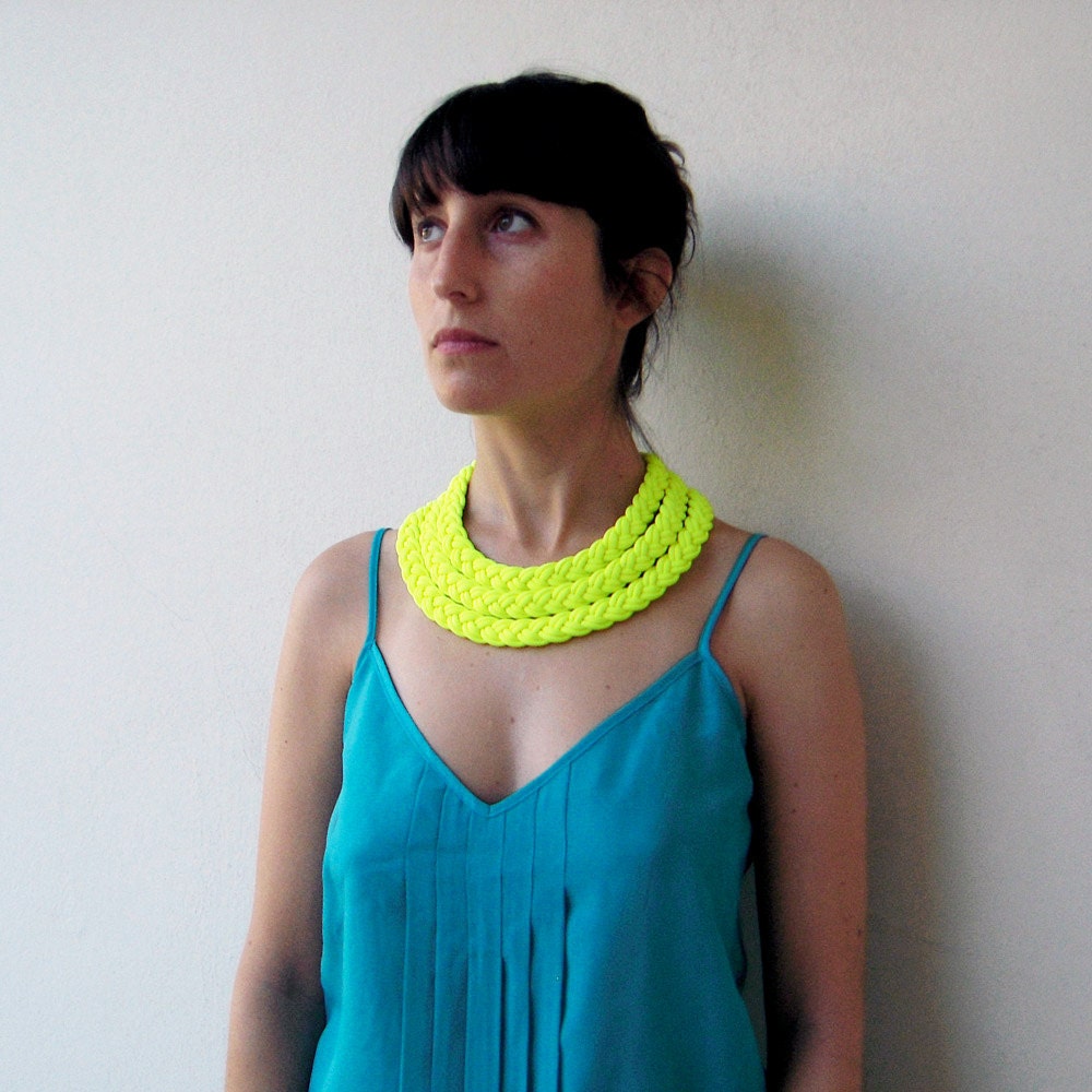 The triple braid necklace - handmade in neon yellow fabric