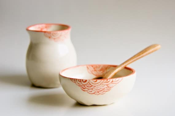 Coral Creamer and Sugar Set- Tea time ceramic serving set by RossLab (made to order)