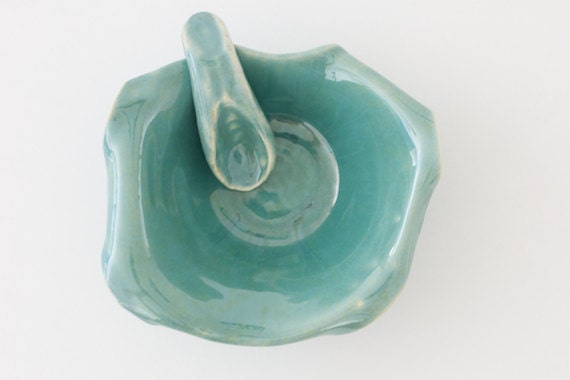SALE 40% OFF- Ceramic Serving Bowl with Spoon in Turquoise