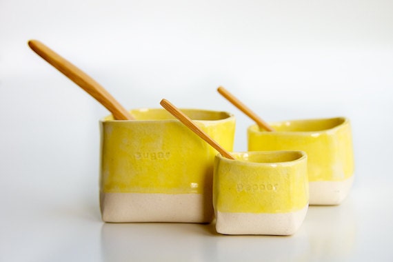 Ceramic Salt, Pepper, and Sugar Cellars in Yellow