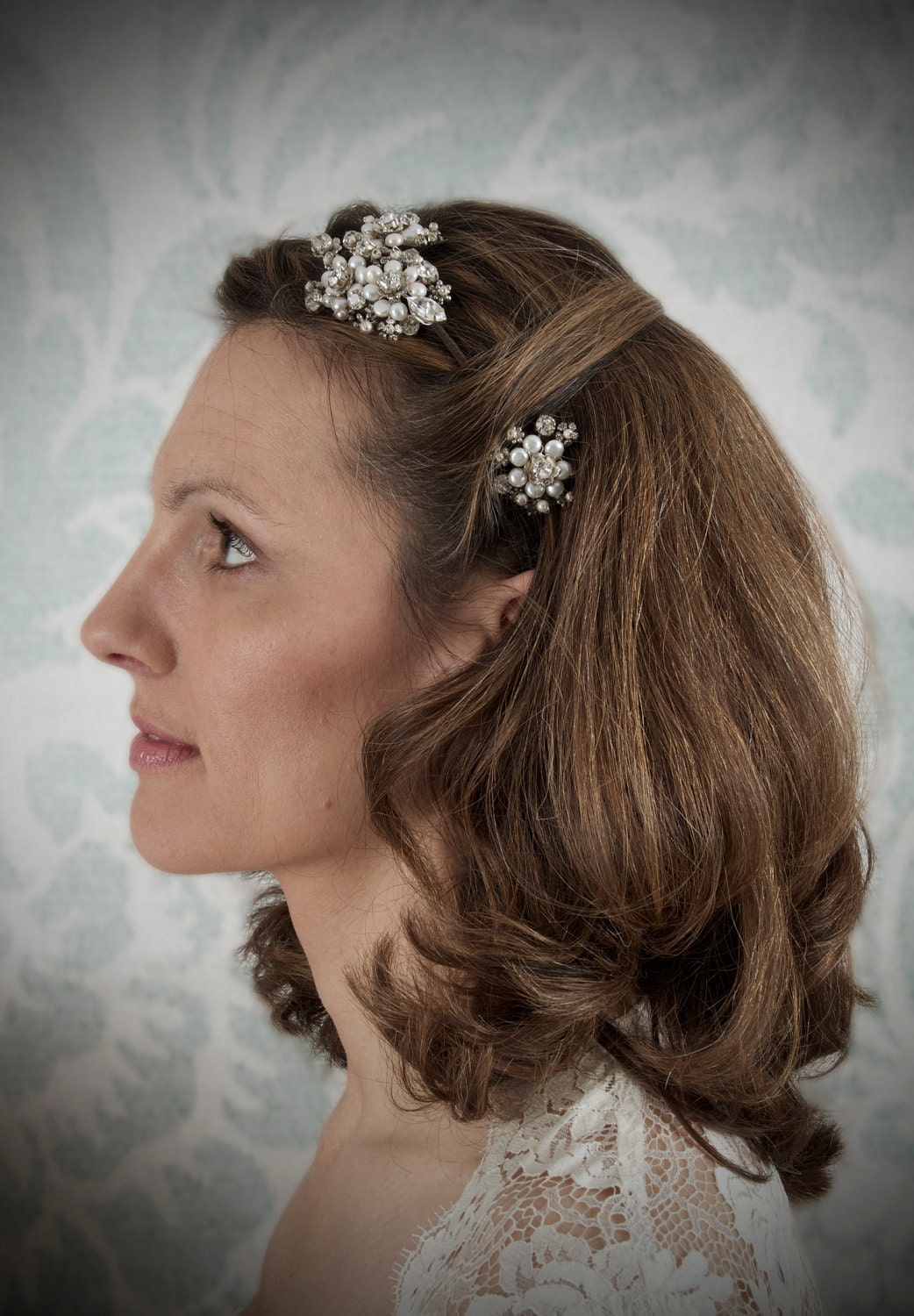 Charlotte Vintage Style Bridal Headdress with Diamante, Pearl and Antiqued Silver.