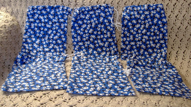 Snowmen on Blue Christmas Fabric Gift Bags Set of 6