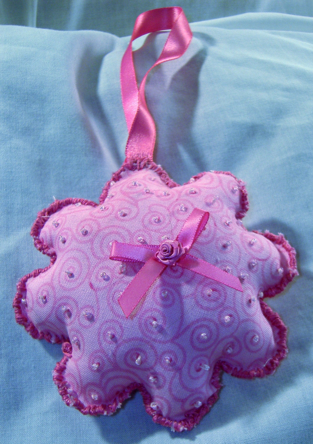 Pink Fabric Flower Beaded Ornament or Package Decoration