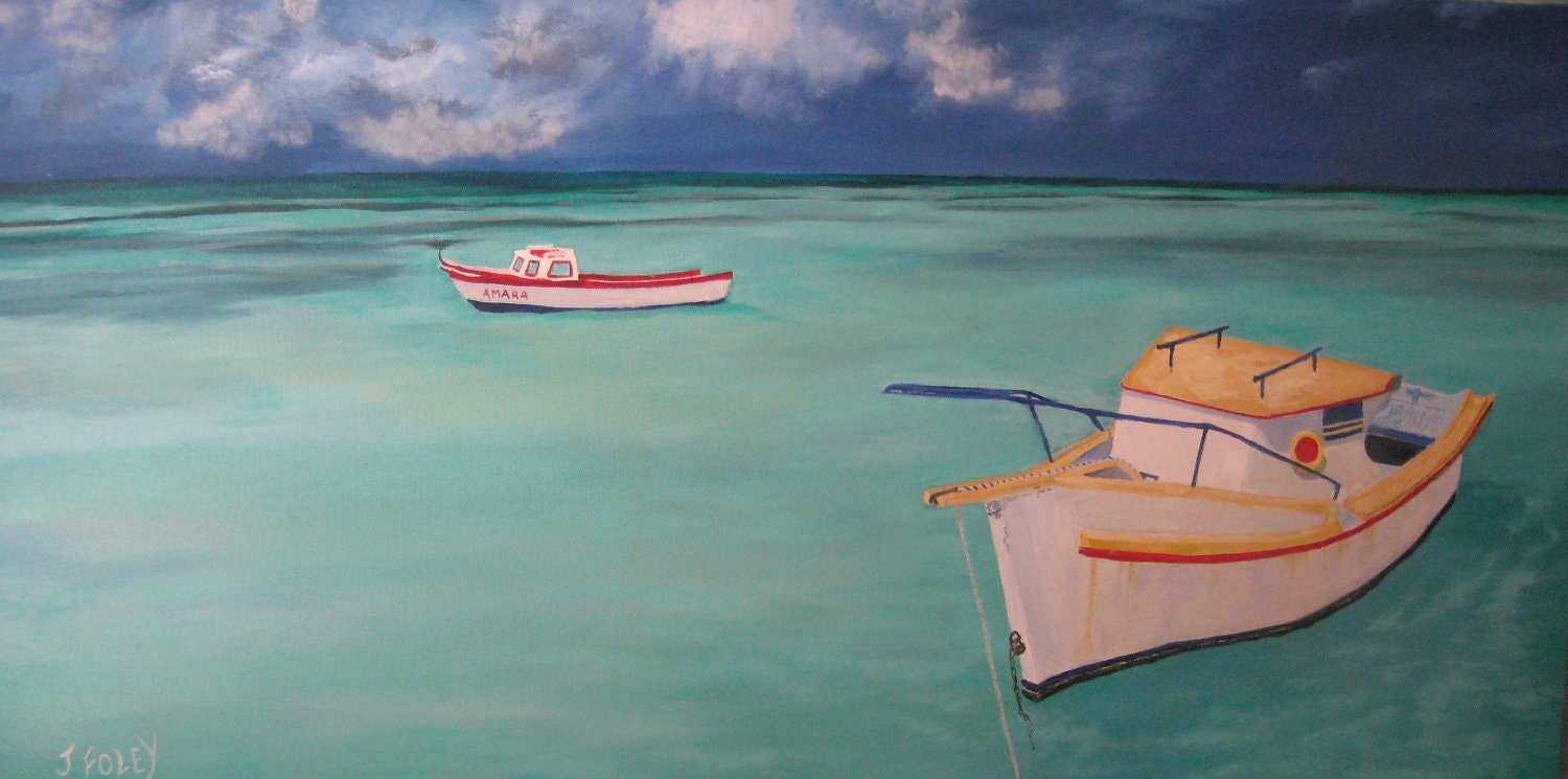 XL Original Oil Painting caribbean boats