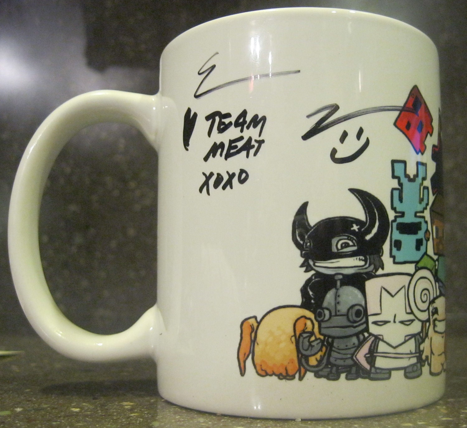 Limited edition mug, Super Meat Boy "The Team" signed & numbered.