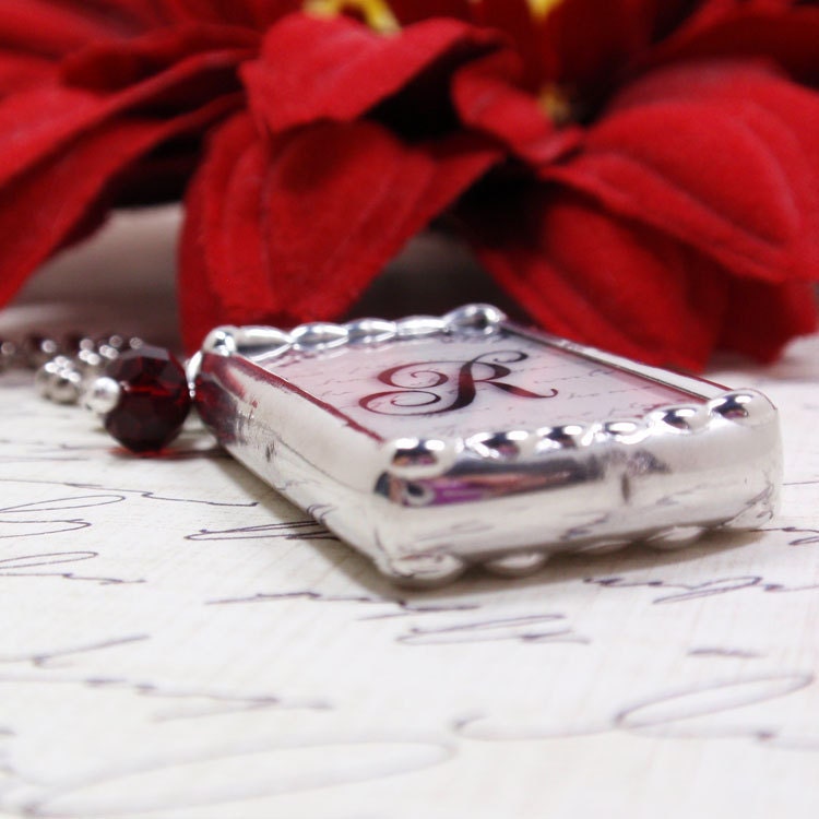 Maroon Fleur-De-Lis Heart Black Lace Design Script Initial Collage Silver Soldered Charm Necklace