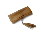 Camel Leather Clutch Handbag Purse Minimalist with Tassels