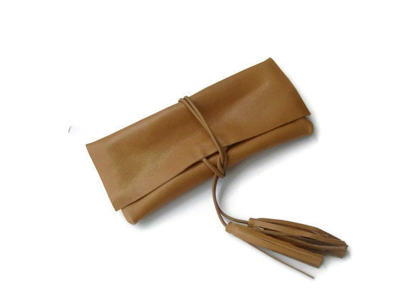 camel leather clutch