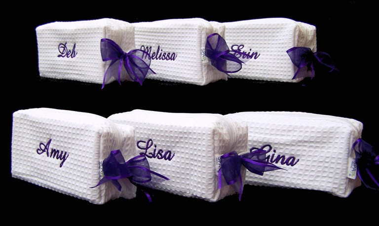 6 Personalized Small Waffle Weave SPA Cosmetic Bags Bridesmaid Gift