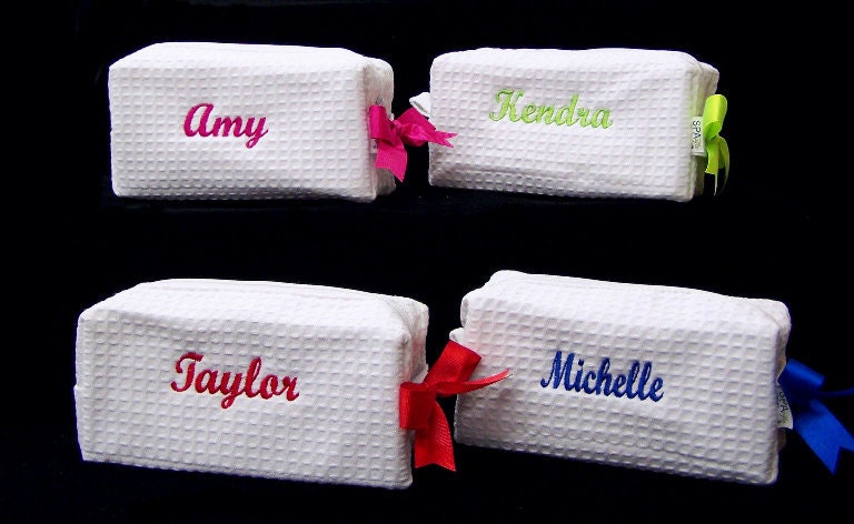 4 Personalized Small Waffle Weave SPA Cosmetic Bags Bridesmaid Gift