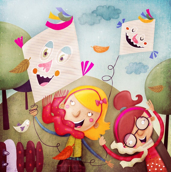 illustration for children, art print, original wall deco for nursery room, digital - Children playing with kites in the autumn garden