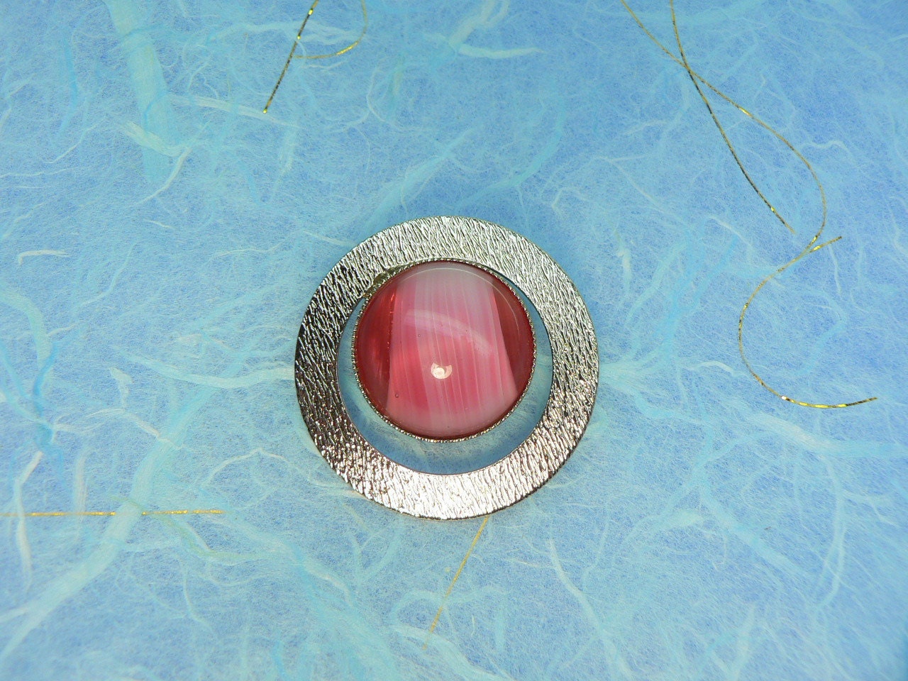 Pink Stone Cabochon Brooch Round Silvertone Modern