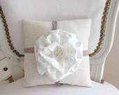 Decorative pillow, linen pillow, light blue floral and fleur-de-lis fabric flower