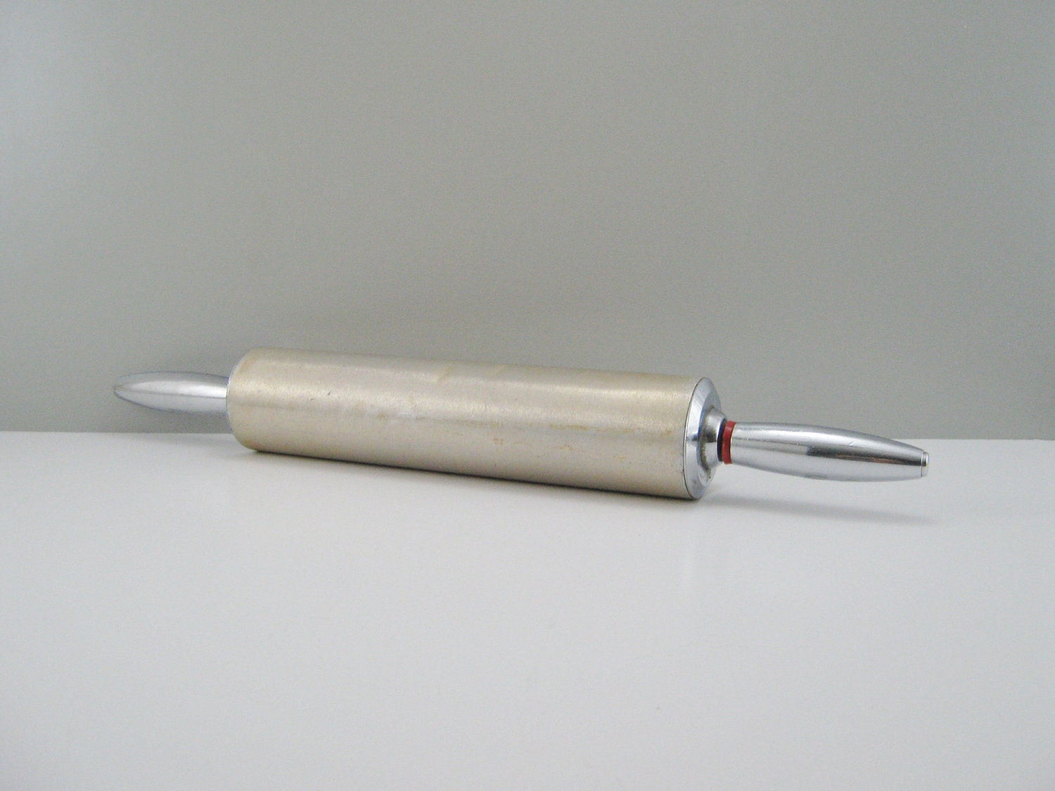 Rolling Pin Rolling Pin Vintage Metal, Vintage Aluminum or Steel Rolling Pin, Brushed Gold Body and Silver Chrome Handles, Red Band