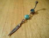 Belly button ring- Silver feather and pearl belly button ring